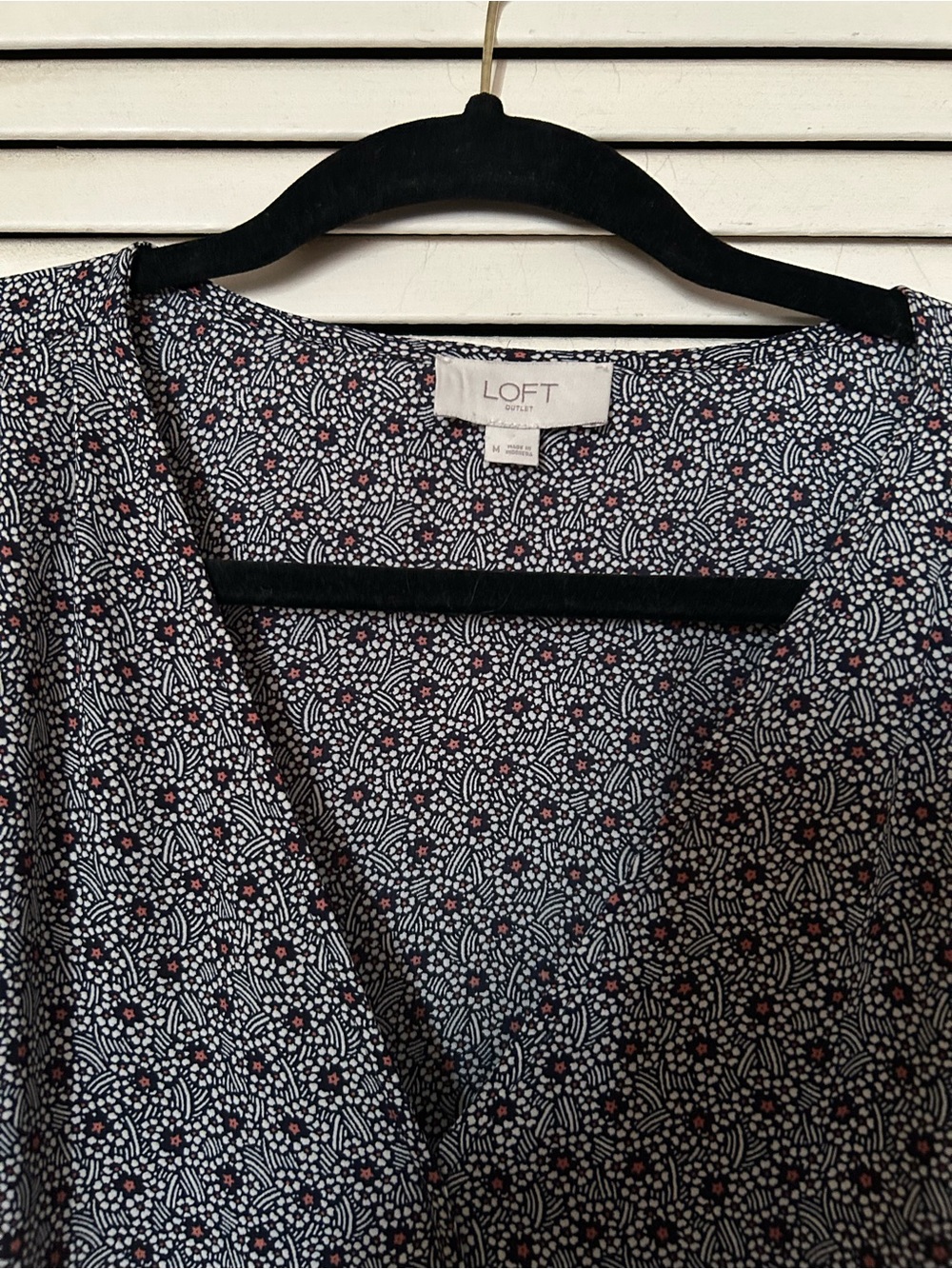 LOFT Navy Floral-Print V-Neck Blouse with Pink Accents